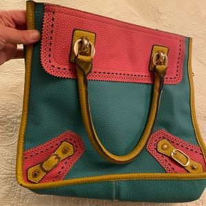 Santi leather purse pink and aqua with yellow trim